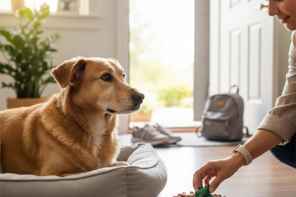 A woman places a toy in a slow-feeder food puzzle for her attentive tan dog lying in a dog bed.