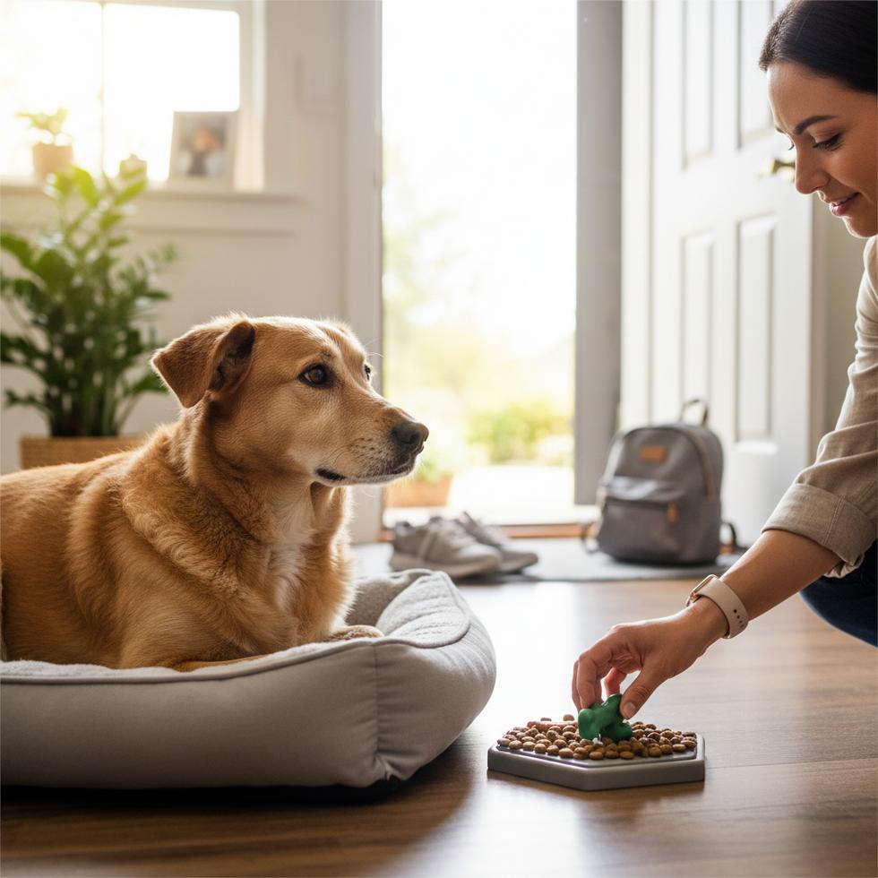 A woman places a toy in a slow-feeder food puzzle for her attentive tan dog lying in a dog bed.