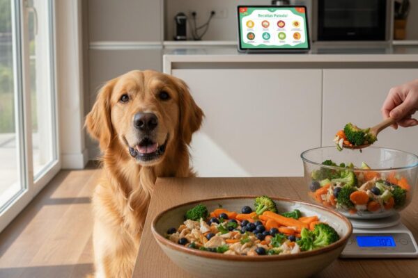 A happy golden retriever watches its fresh meal of chicken, broccoli, and blueberries being prepared on a kitchen scale.