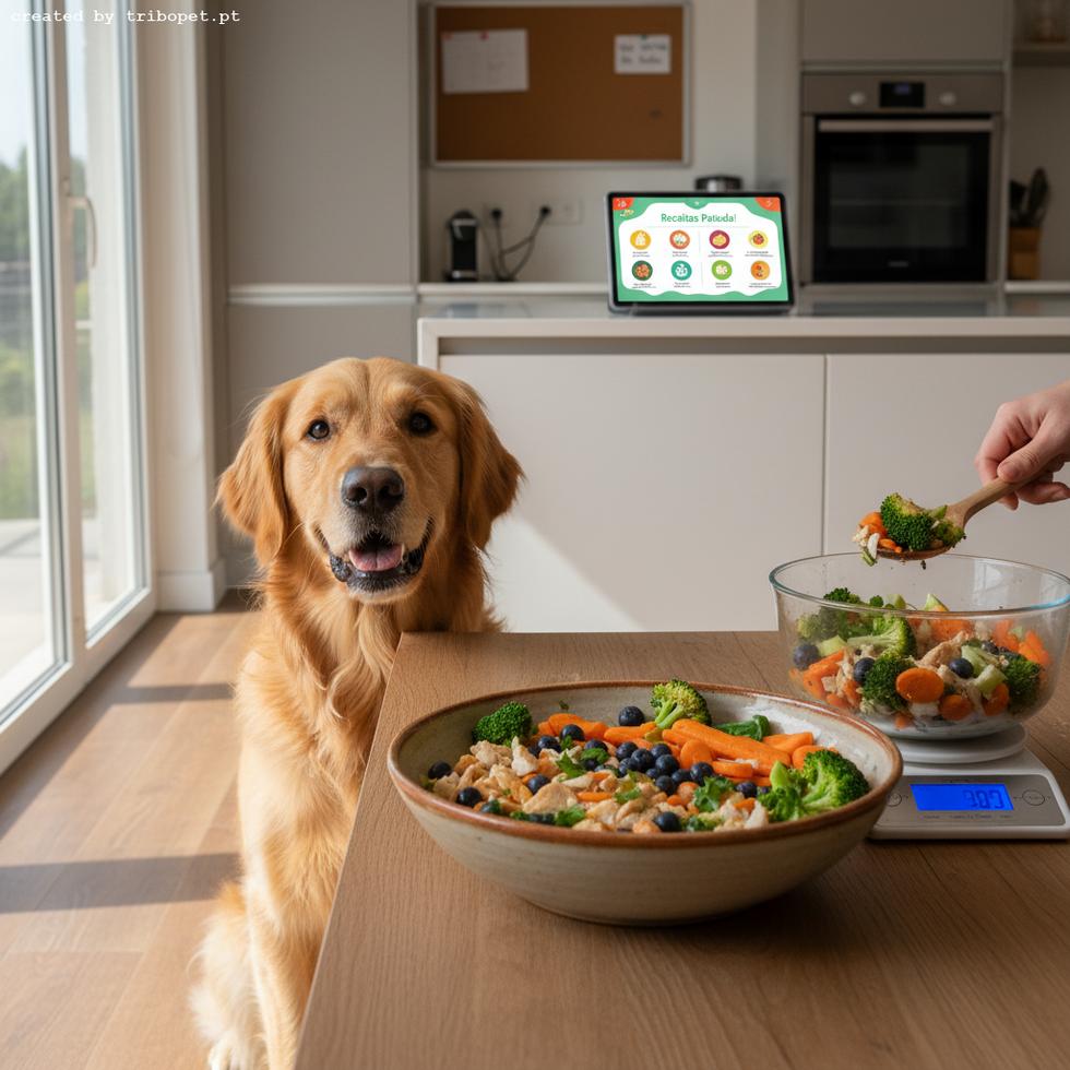 A happy golden retriever watches its fresh meal of chicken, broccoli, and blueberries being prepared on a kitchen scale.