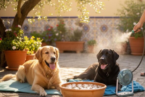 A golden retriever and black lab cool off on a sunny patio with a fan, ice water, and a misting hose.