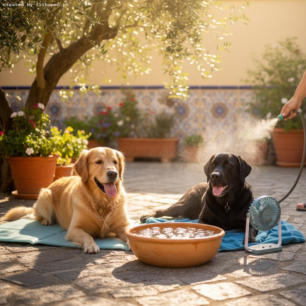 A golden retriever and black lab cool off on a sunny patio with a fan, ice water, and a misting hose.