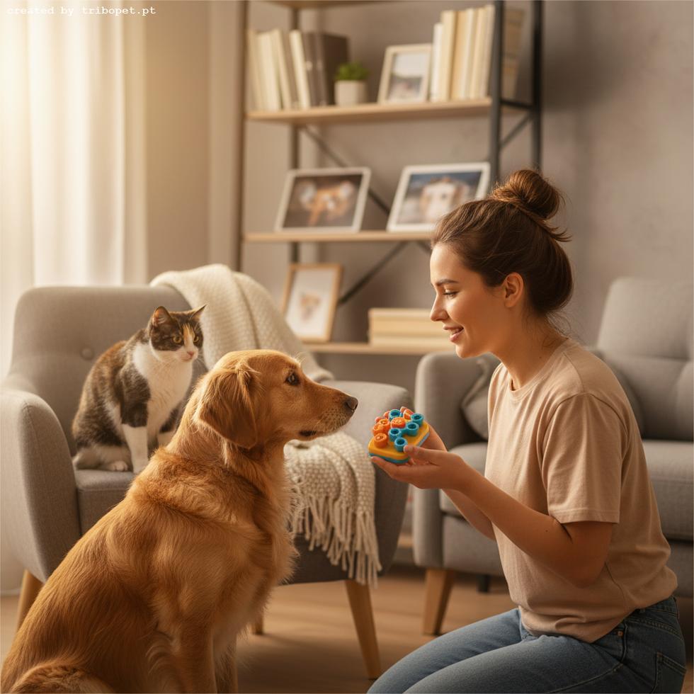 A woman plays with her golden retriever using a puzzle toy as her cat watches from a chair in their cozy living room.