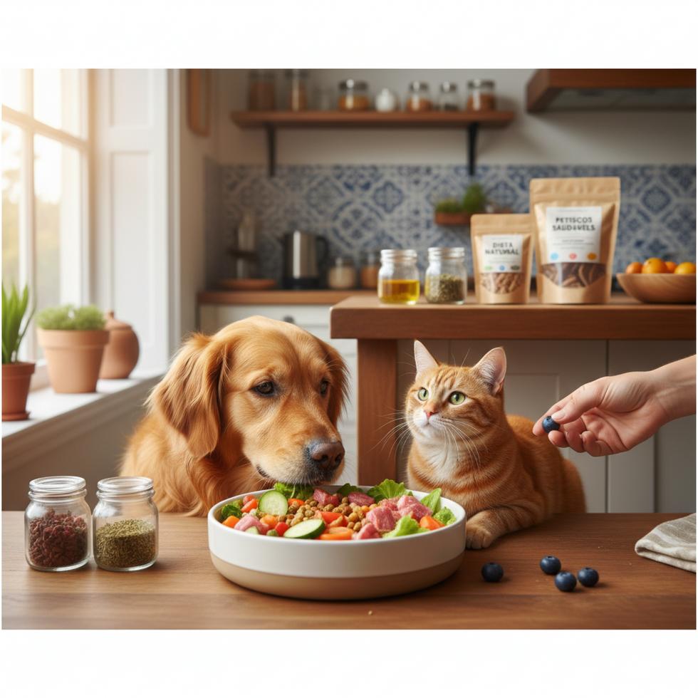 A golden retriever and ginger cat at a kitchen table with a bowl of fresh, healthy pet food.