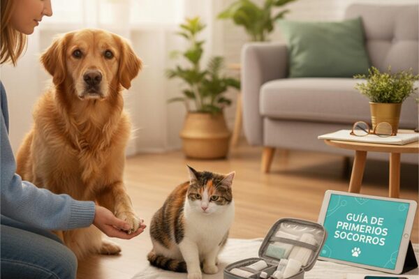 A woman tends to her golden retriever's paw with a cat and an open pet first-aid kit on the floor.