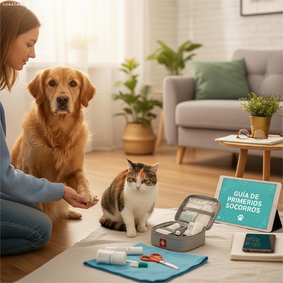 A woman tends to her golden retriever's paw with a cat and an open pet first-aid kit on the floor.