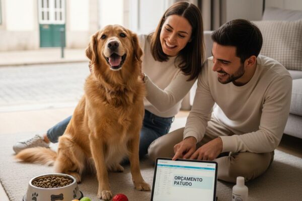 A happy couple budgets for their golden retriever on a tablet, surrounded by pet care supplies on the living room floor.