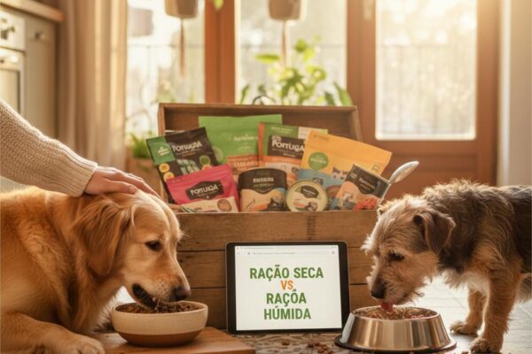 Two dogs eat from bowls next to a tablet comparing "Dry Food vs. Wet Food" in front of a crate of pet food.