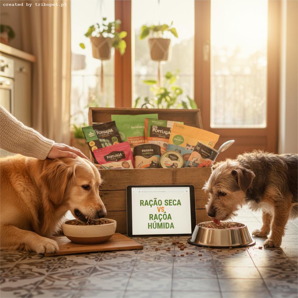 Two dogs eat from bowls next to a tablet comparing "Dry Food vs. Wet Food" in front of a crate of pet food.