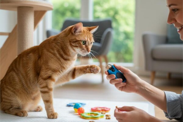 A smiling woman clicker-trains her ginger cat, which lifts a paw towards the clicker for a treat.