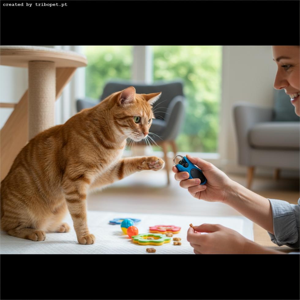 A smiling woman clicker-trains her ginger cat, which lifts a paw towards the clicker for a treat.