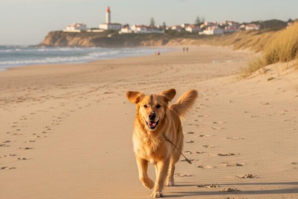 A happy golden dog runs on a sandy beach, with a distant lighthouse and coastal town on a cliff in the background.