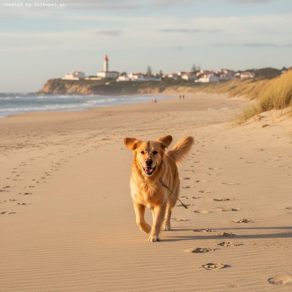 A happy golden dog runs on a sandy beach, with a distant lighthouse and coastal town on a cliff in the background.