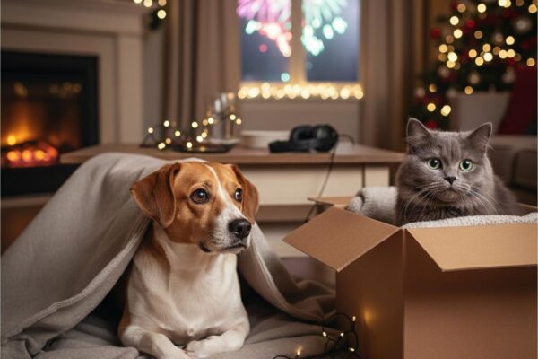 A scared dog hides under a blanket from fireworks, while a calm cat sits in a box in a festive living room.