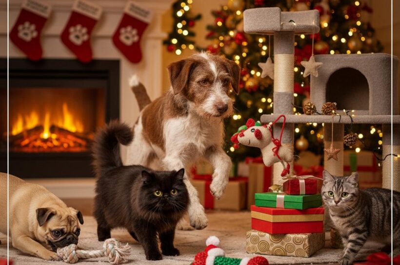 Two dogs and two cats play with toys in a festive living room by a Christmas tree and fireplace.