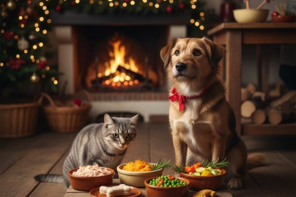A dog and cat sit before their Christmas dinner in a cozy room with a lit fireplace.