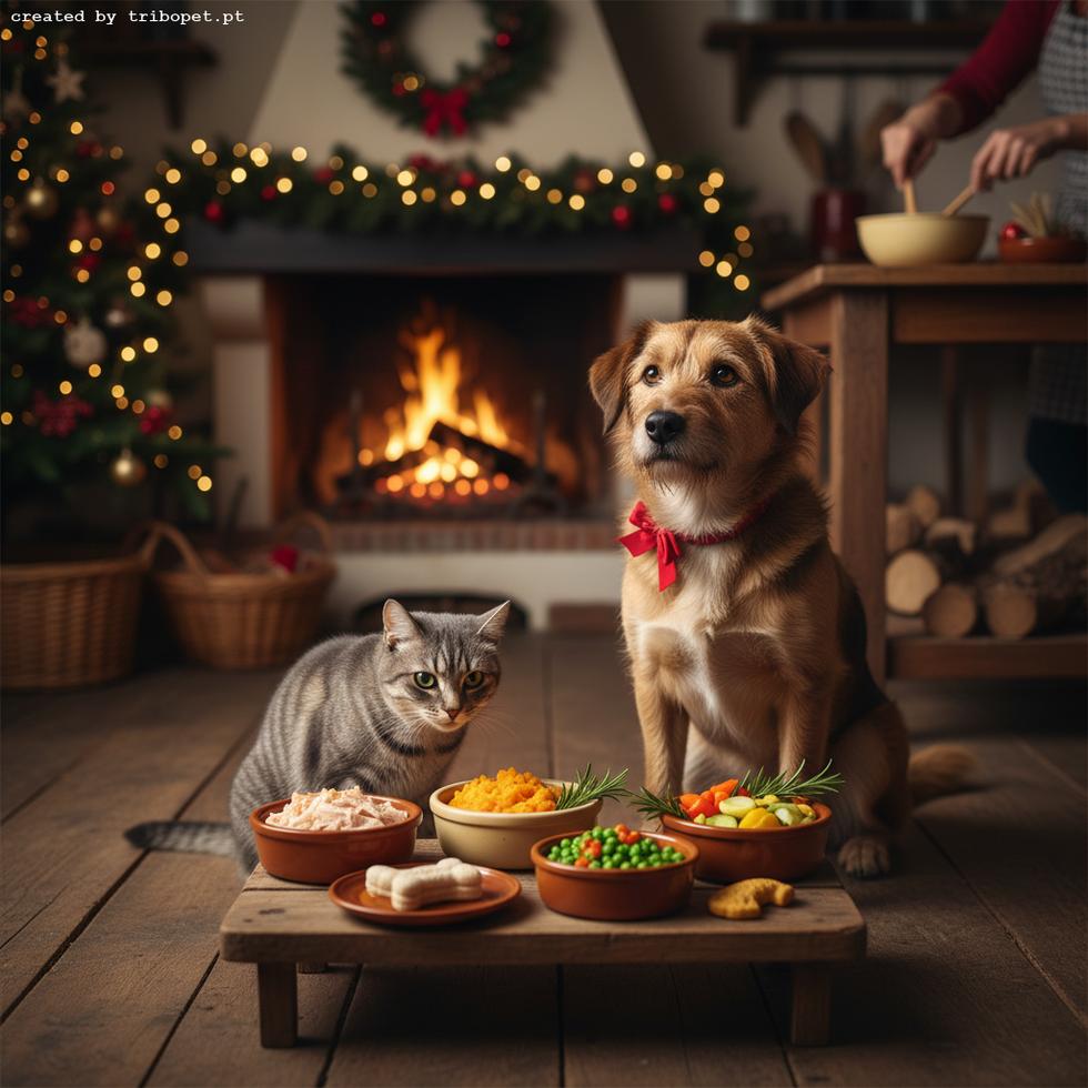 A dog and cat sit before their Christmas dinner in a cozy room with a lit fireplace.