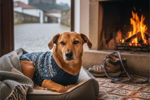 A dog in a blue sweater rests in its bed by a cozy fireplace, with a view of a castle through an open door.