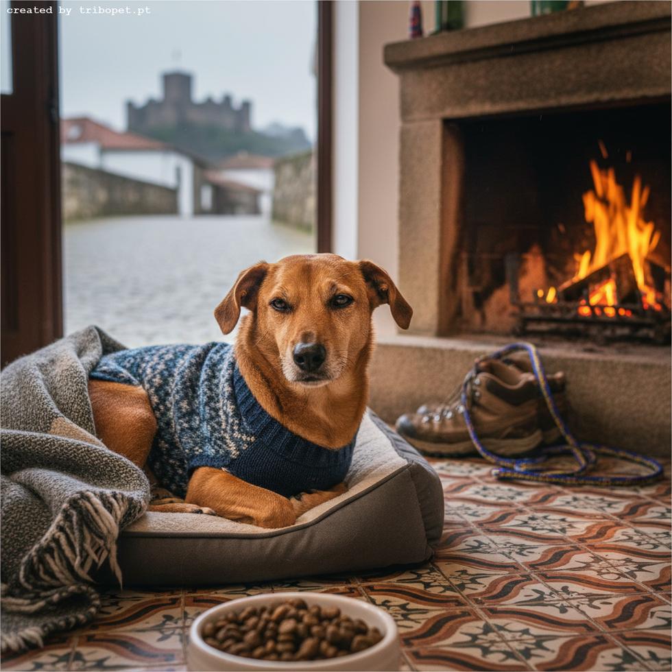 A dog in a blue sweater rests in its bed by a cozy fireplace, with a view of a castle through an open door.