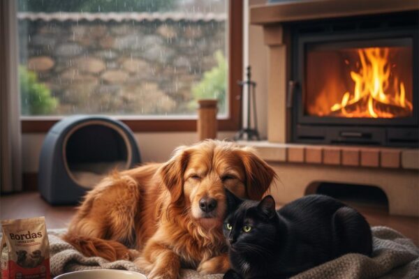 A golden dog and a black cat cuddle on a blanket by a warm fireplace on a rainy day.