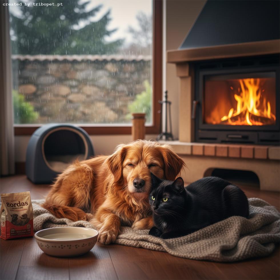 A golden dog and a black cat cuddle on a blanket by a warm fireplace on a rainy day.