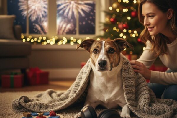 A woman comforts her anxious dog with a blanket and headphones during holiday fireworks by a lit Christmas tree.