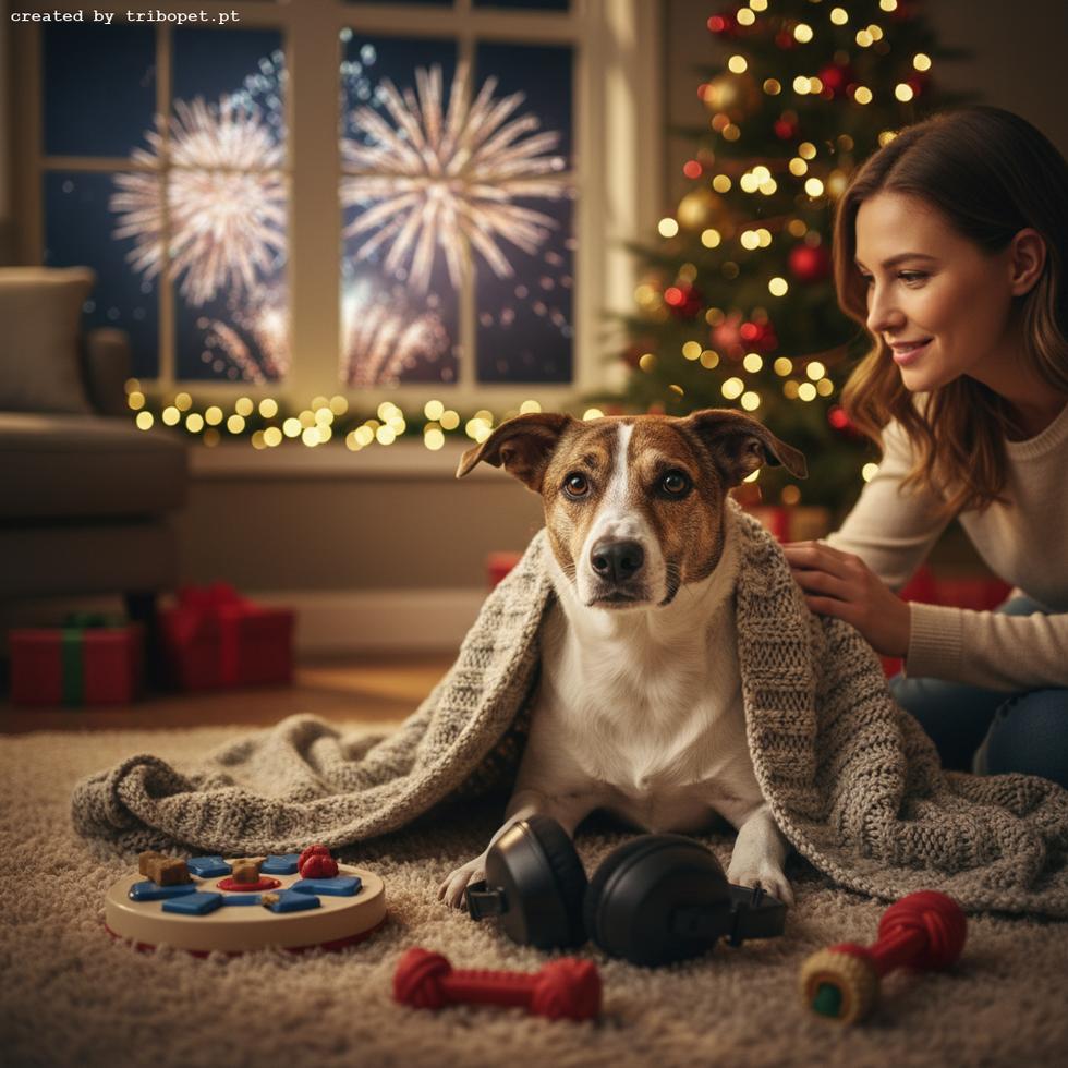 A woman comforts her anxious dog with a blanket and headphones during holiday fireworks by a lit Christmas tree.