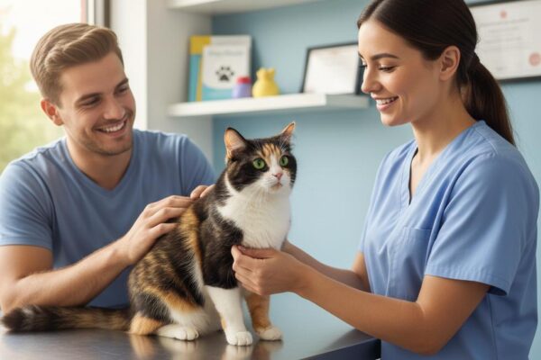 A man and a veterinarian smile while examining a calm calico cat on a table in a vet's office.