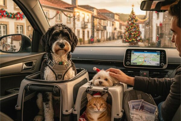 A person pets a small dog, with another dog and a cat in carriers, while driving through a town decorated for Christmas.
