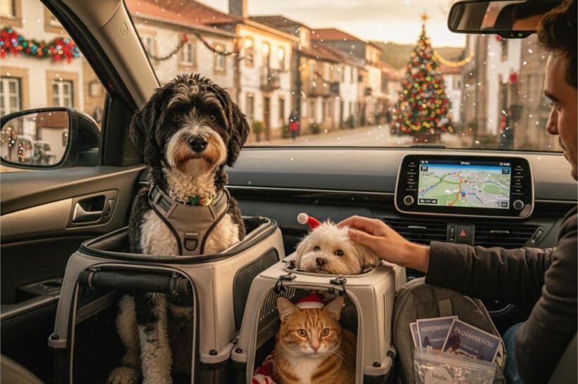 A person pets a small dog, with another dog and a cat in carriers, while driving through a town decorated for Christmas.