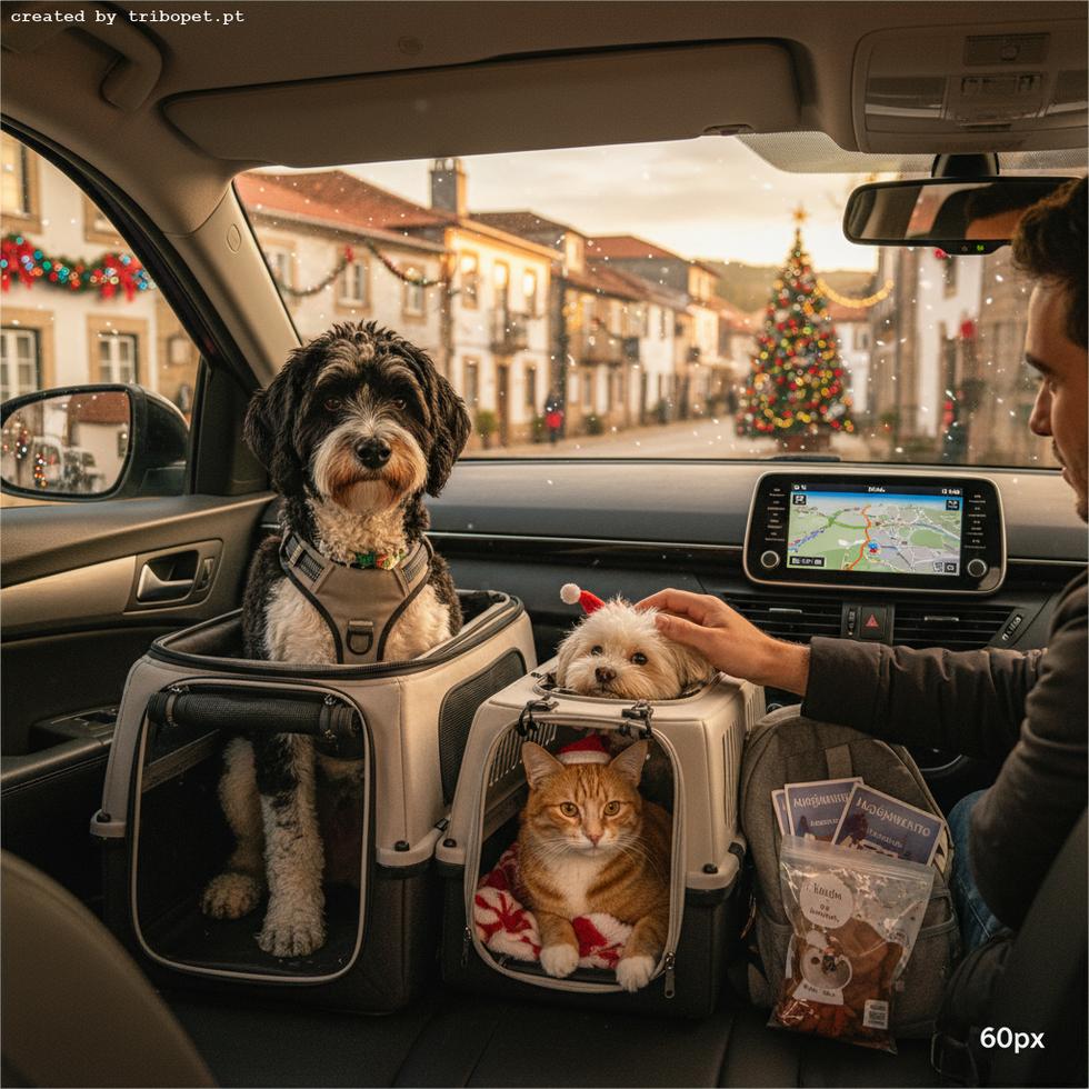 A person pets a small dog, with another dog and a cat in carriers, while driving through a town decorated for Christmas.